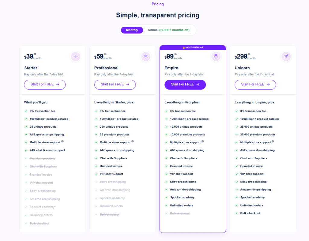 Spocket Monthly Pricing Plan